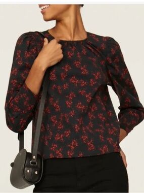 Thakoon Addition Collective Black with Re Floral Puff Shoulder Top - NWOT Medium